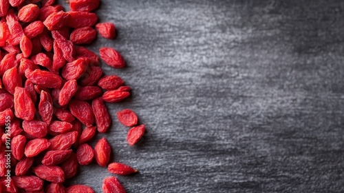 Close-up view of vivid red goji berries scattered artistically on a dark gray surface, highlighting their texture and vibrant color, often associated with health and nourishment. photo