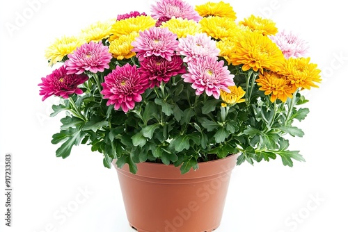 Colorful chrysanthemum flowers in the pot isolated on a white background 