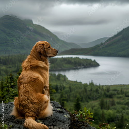A Golden Retriever's Peaceful Moment on a Rocky Cliff Overlooking a Scenic Lake
