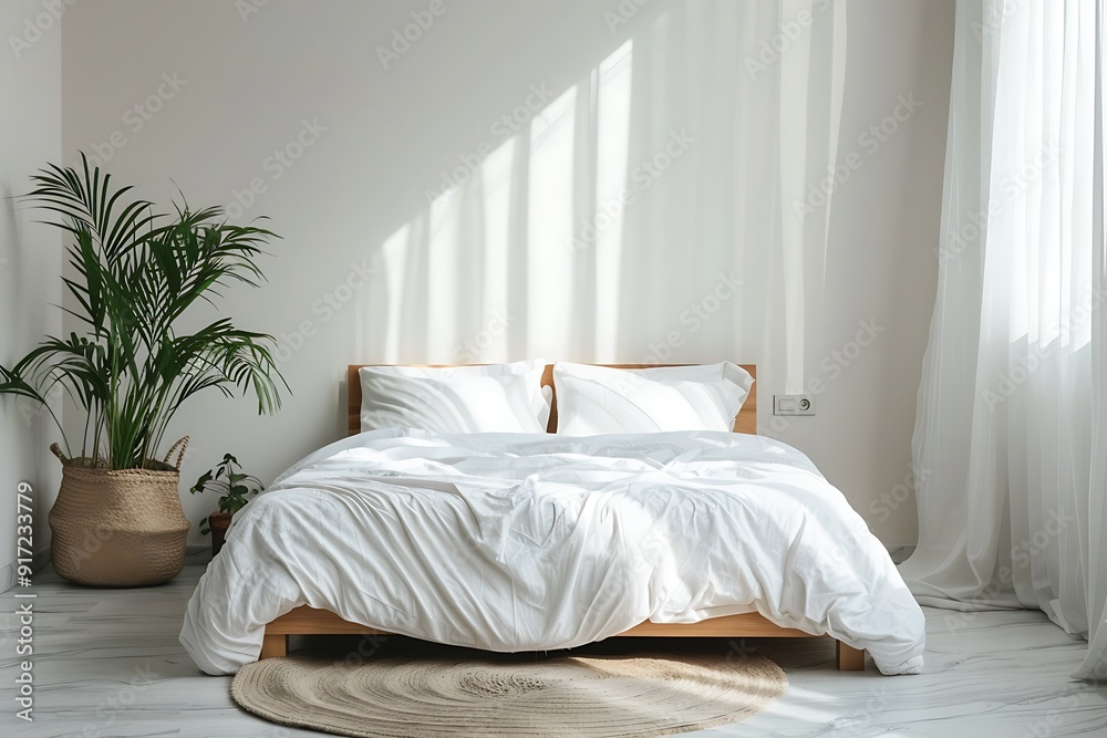 A minimalist bedroom with a platform bed white linens and a single potted plant A minimalist bedroom with a platform bed white linens and a single potted plant