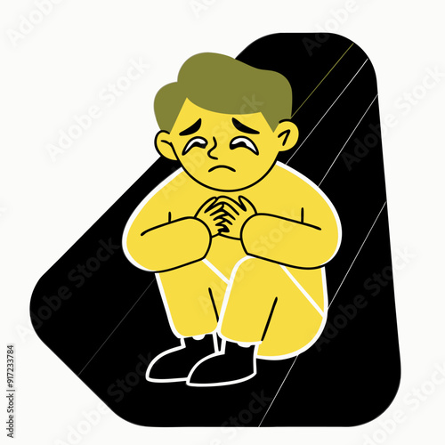 3D style cartoon character of a young boy in a yellow sweater, sitting on the ground with knees hugged to his chest, tears streaming down his face, and a deeply sorrowful expression