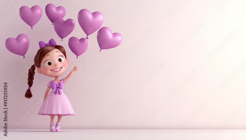 happy smiling 3d girl pink cute little dress purple bow white background Heart balloons copy space happy smiling 3d girl pink cute little dress purple bow white background Heart balloons copy space