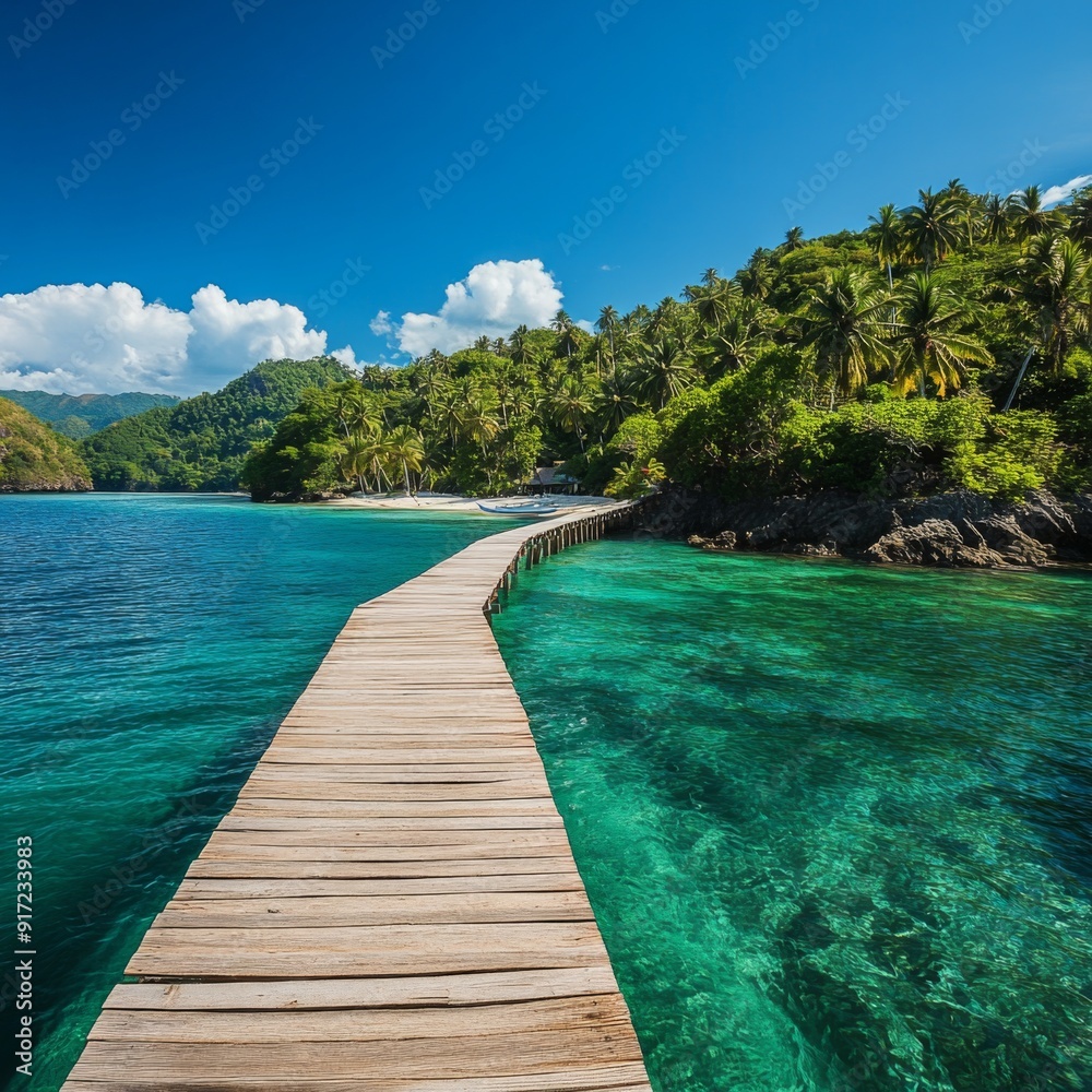 Naklejka premium Tropical Paradise at Cloud 9 Philippines: A Boardwalk to a Lush, Palm-Fringed Island with Pristine Blue Skies and Surrounding Seas Enhancing the Scenic Beauty