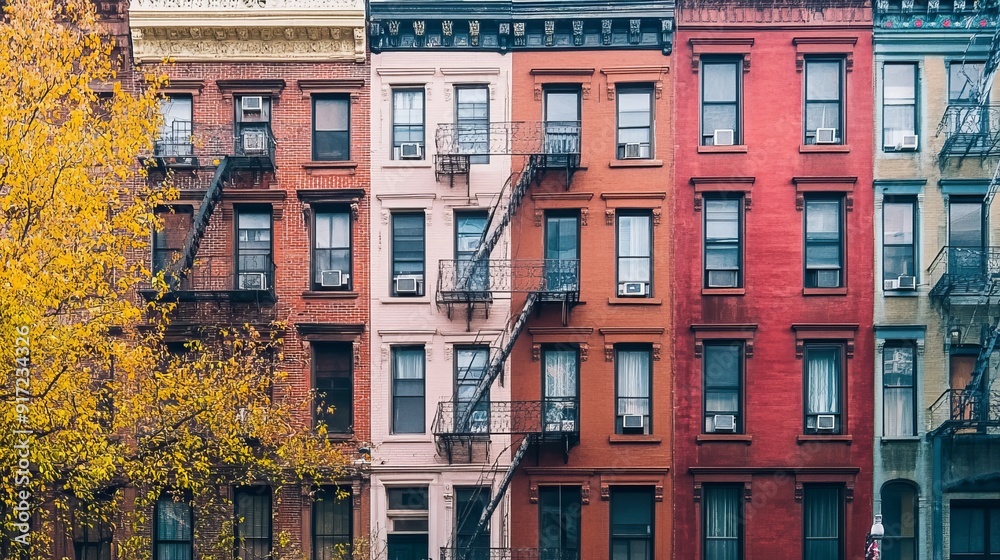 Obraz premium Block of old apartment buildings in the East Village neighborhood of Manhattan in New York City NYC
