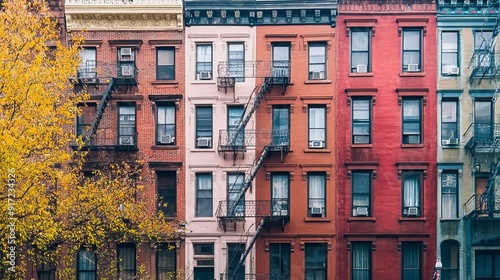 Block of old apartment buildings in the East Village neighborhood of Manhattan in New York City NYC