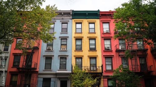 Block of old apartment buildings in the East Village neighborhood of Manhattan in New York City NYC