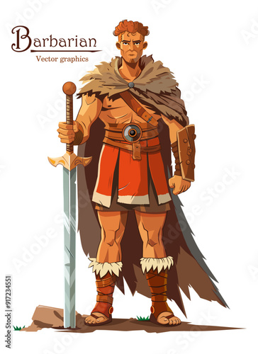 Full length manly barbarian with a large two-handed sword isolated on white background. Vector illustration in cartoon style