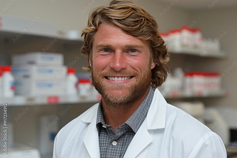 Fototapeta premium Smiling Medical Professional in Laboratory Coat Inside a Pharmacy Setting During Daytime