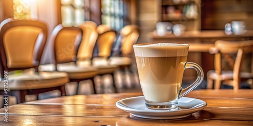 Cafe Latte in a Glass Cup on Wooden Table, Coffee , Latte , Cafe , Drink