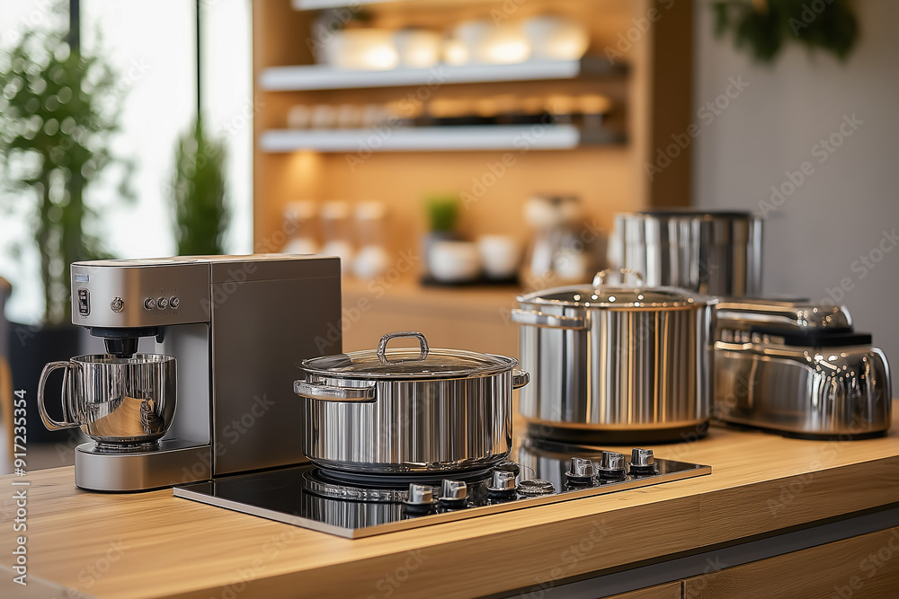 Modern kitchen appliance display with gadgets on countertops, elegant and modern furnishings, kitchen appliances neatly placed on the table. Modern kitchen appliance display with gadgets on countertops, elegant and modern furnishings, kitchen appliances neatly placed on the table.