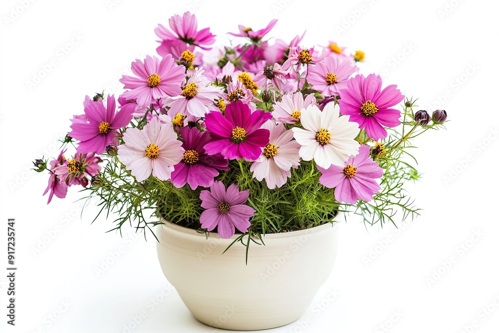 Colorful cosmos flowers in the pot isolated on a white background Colorful cosmos flowers in the pot isolated on a white background