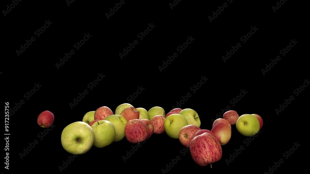 Flying apples on green and black screen. slow motion 3d animation 4k video