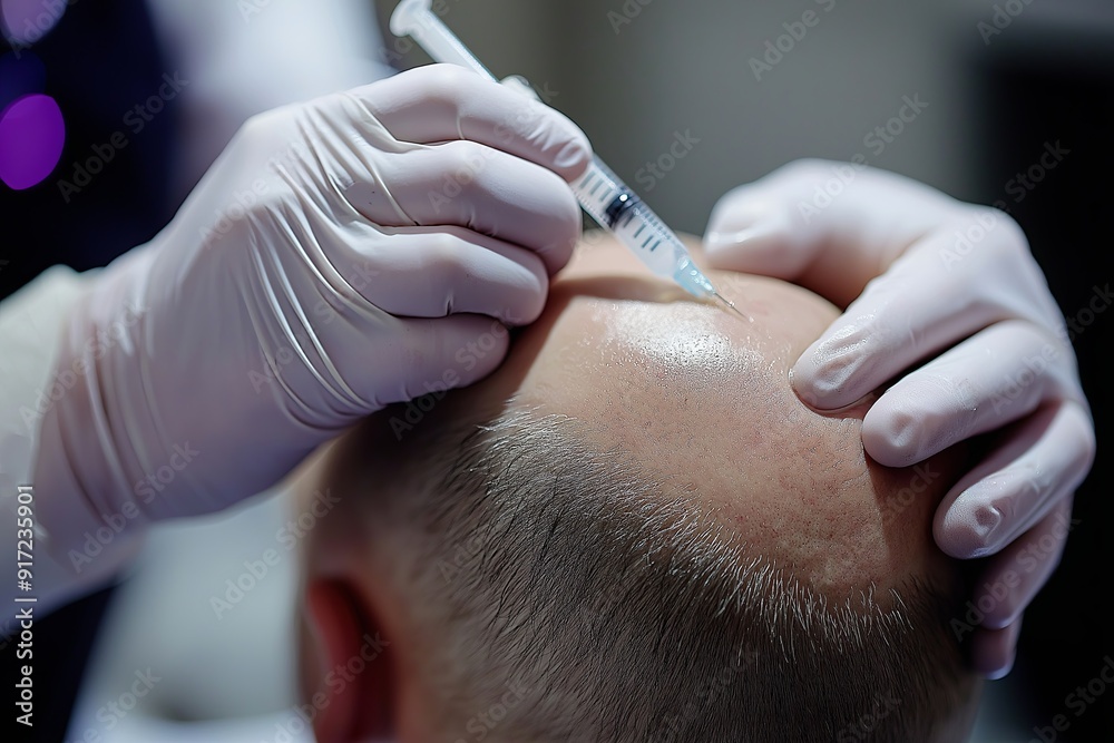 A male client receiving a scalp injection from a cosmetologist to stimulate hair growth A male client receiving a scalp injection from a cosmetologist to stimulate hair growth