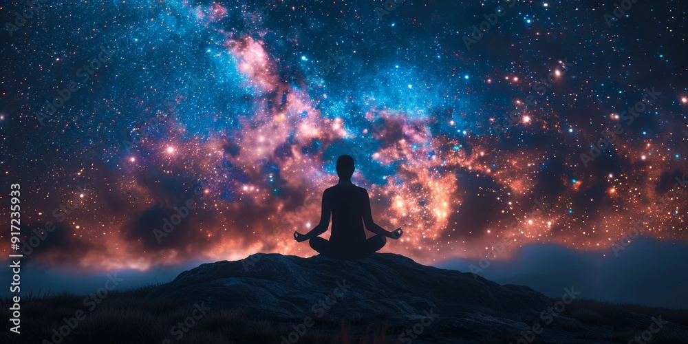 Silhouette of a Person Meditating Under a Starry Sky Silhouette of a Person Meditating Under a Starry Sky