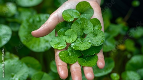 Photo of fresh Gotu Kola leaves in hand