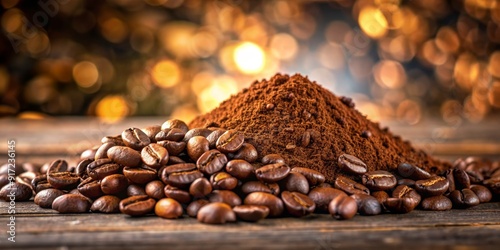 Coffee Beans and Ground Coffee on Wooden Table with Bokeh Background, Coffee , Bean , Ground , Roast