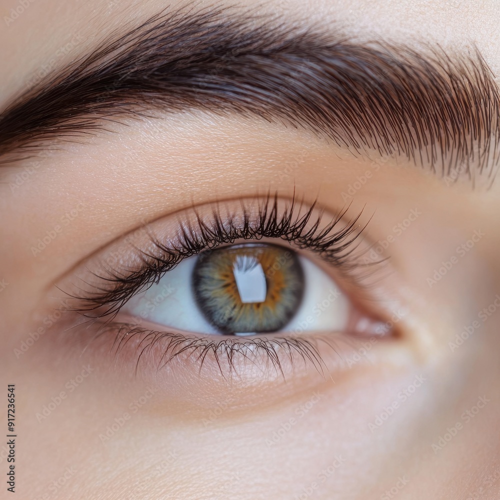 Fototapeta premium Close-up of a beautiful eye showcasing intricate details, natural lashes, and vibrant colors, emphasizing the beauty of human features.