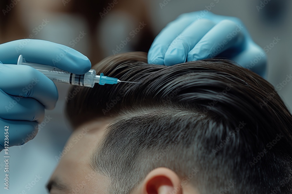 A male client receiving a scalp injection from a cosmetologist to stimulate hair growth