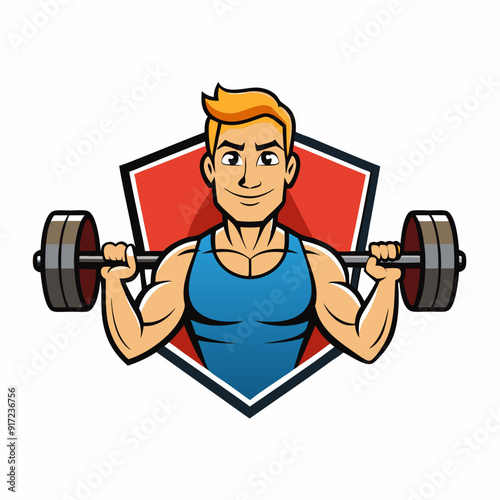 Fitness Logo with Barbell and Man Vector Illustration