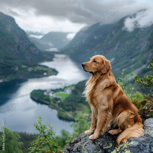 A golden retriever dog sitting on a rocky cliff overlooking a scenic lake surrounded by lush green mountains on a cloudy day