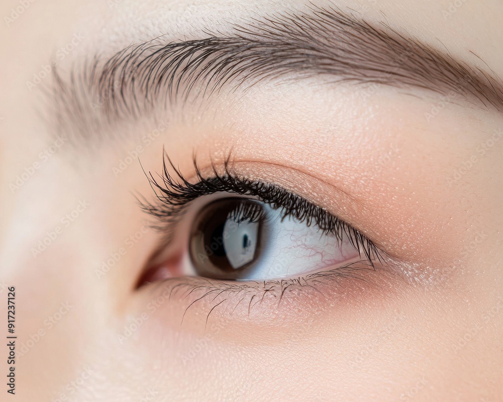 Obraz premium Close-up of an elegant eye displaying natural beauty with detailed eyelashes and subtle makeup for a stunning visual impact.