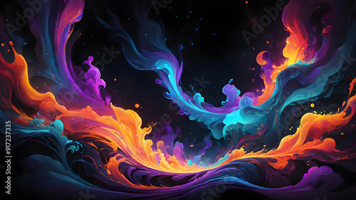 Fractal Waves of Light and red blue purple flaming in abstract background