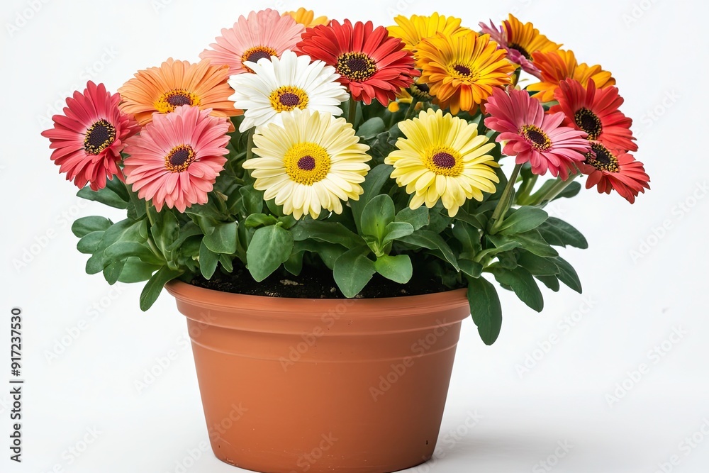 Colorful daisy flowers in the pot isolated on a white background 