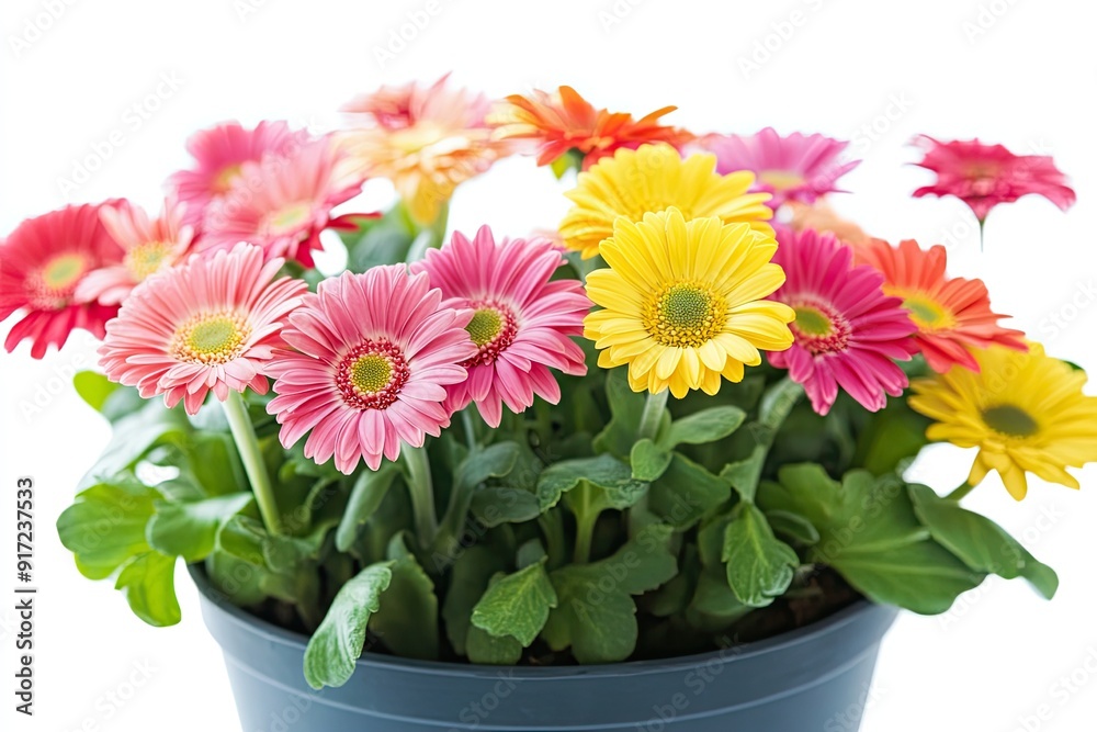 Colorful daisy flowers in the pot isolated on a white background Colorful daisy flowers in the pot isolated on a white background