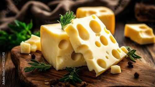 Swiss cheese with fresh herbs, displayed on a wooden board, cheese swiss herbed, elegant food styling