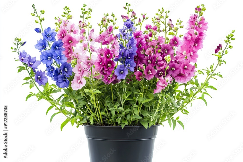 Colorful delphinium flowers in the pot isolated on a white background Colorful delphinium flowers in the pot isolated on a white background