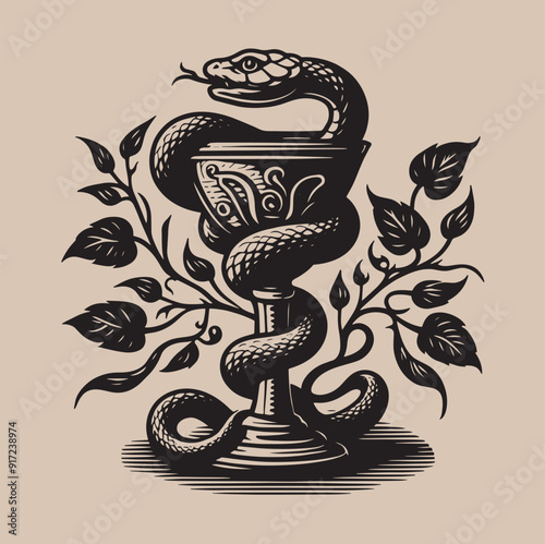 A snake wraps around a bowl, symbolizing healing and medicine, often associated with pharmacy or medical practice.  Black vintage Engraving vector illustration. Icon, logo, emblem. isolated. print