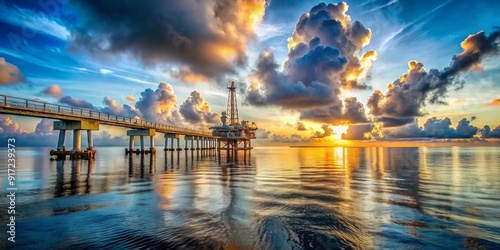 Wallpaper Mural Golden Hour Reflections on the Oil Rig, Oil Rig , Sunset , Ocean , Clouds Torontodigital.ca
