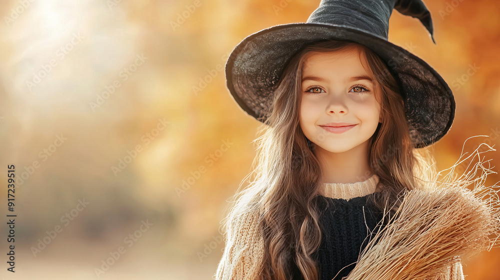 A young girl wearing a black witch hat and a sweater is smiling. She is holding a broomstick. A young girl wearing a black witch hat and a sweater is smiling. She is holding a broomstick.
