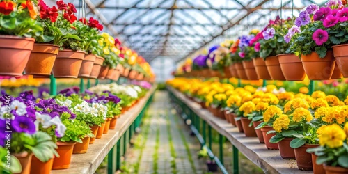 Wallpaper Mural Greenhouse Bloom Rows of vibrant flowers in terracotta pots, a colorful display of nature's beauty, greenhouse, flower, spring, gardening Torontodigital.ca
