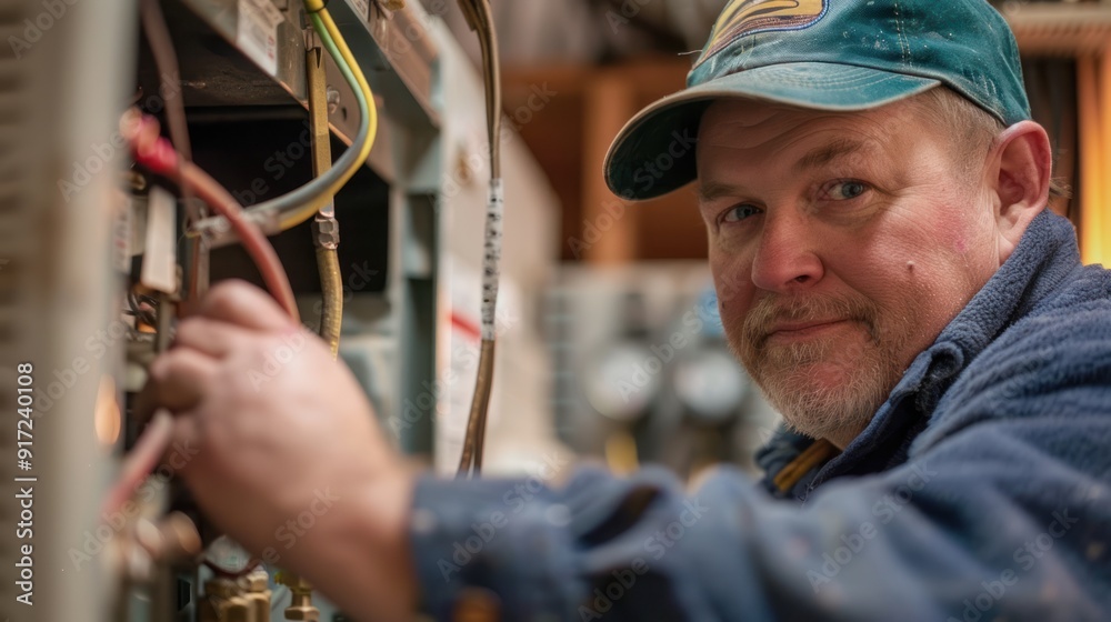 Repairman replacing parts in HVAC system Repairman replacing parts in HVAC system