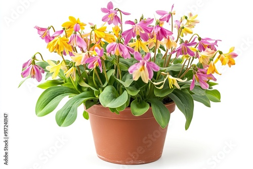 Colorful erythronium flowers in the pot isolated on a white background photo