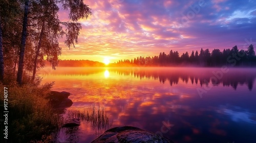 Finland lake nature beautiful sunset fog