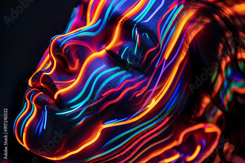 Wallpaper Mural Vibrant neon lines embracing a calm face in abstract digital art, futuristic design with dynamic movement and bright colors. Torontodigital.ca