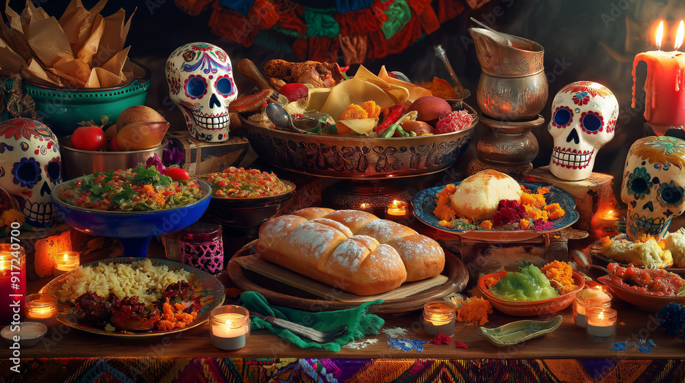 Day of the Dead altar with skulls, food and candles. Day of the Dead altar with skulls, food and candles.