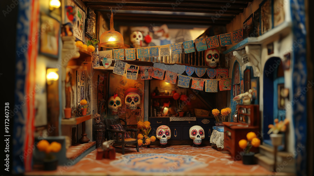 Day of the Dead Miniature Dollhouse Scene with Skulls and Flowers. Day of the Dead Miniature Dollhouse Scene with Skulls and Flowers.