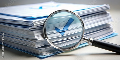 Magnifying Glass Reveals Checkmark on Stack of Papers, checkmark, magnifying glass, documents, audit