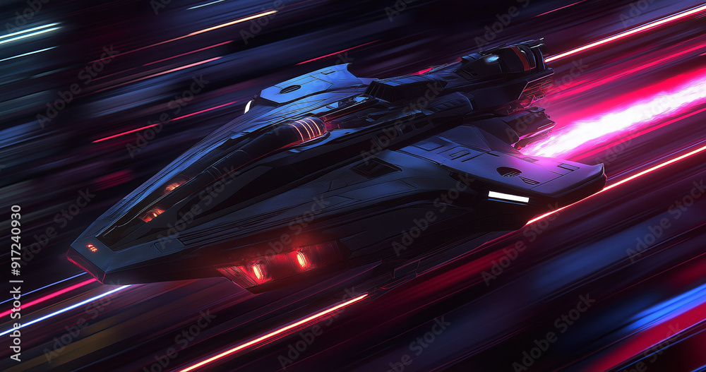 Futuristic spaceship speeding through neon streaks. Futuristic spaceship speeding through neon streaks.