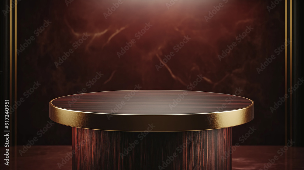 pedestal,podium,mock up for product display, Golden rimmed wooden pedestal on red marble background. pedestal,podium,mock up for product display, Golden rimmed wooden pedestal on red marble background.