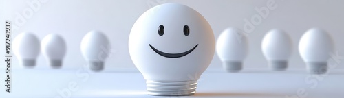 A cheerful light bulb with a smiling face, representing creativity and innovative ideas in a bright environment.