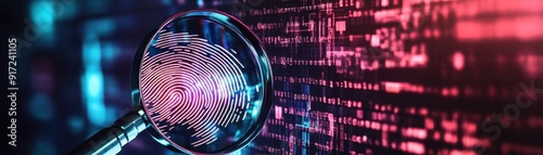 A close-up of a magnifying glass focusing on a fingerprint, highlighting themes of investigation and digital security.