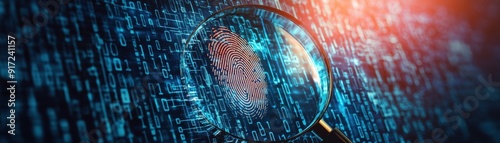 A close-up of a magnifying glass revealing digital patterns and fingerprints, symbolizing investigation and technology.