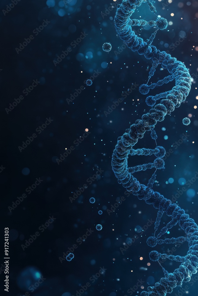 A close-up view of a DNA strand with blue particles, representing genetic research and molecular biology in a modern design. A close-up view of a DNA strand with blue particles, representing genetic research and molecular biology in a modern design.