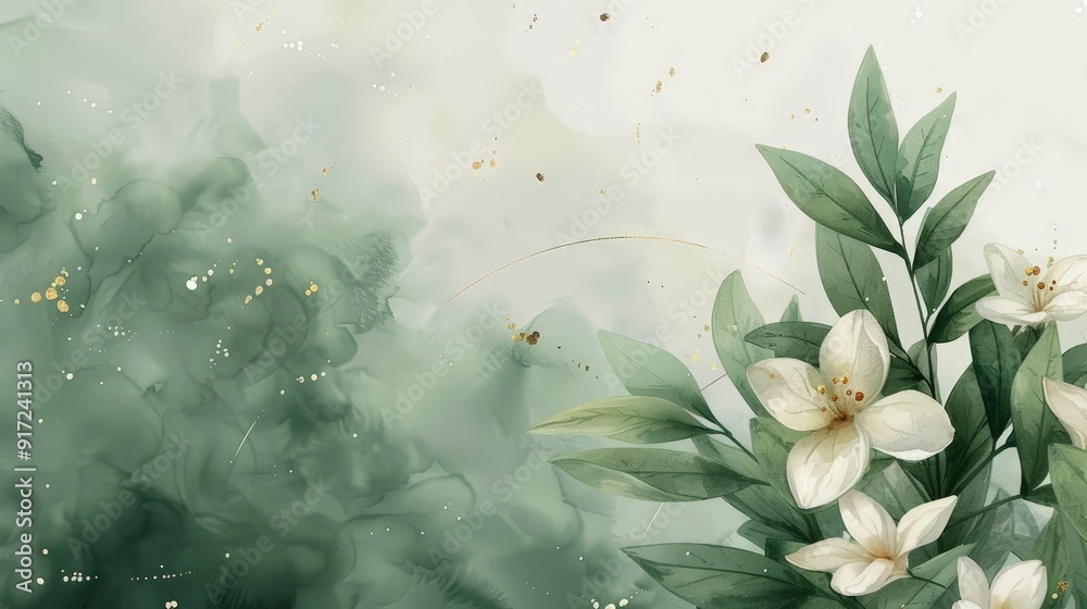 A stylish wedding invitation template with watercolor flowers and leaves, gold lines, and marble abstract background, offering plenty of blank space A stylish wedding invitation template with watercolor flowers and leaves, gold lines, and marble abstract background, offering plenty of blank space