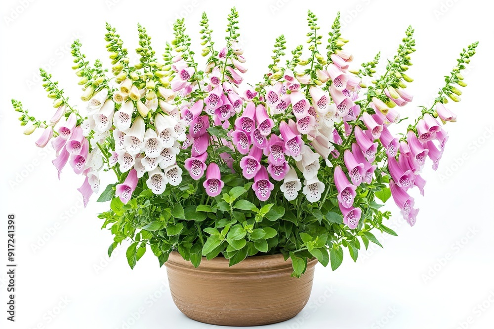 Colorful foxglove flowers in the pot isolated on a white background Colorful foxglove flowers in the pot isolated on a white background