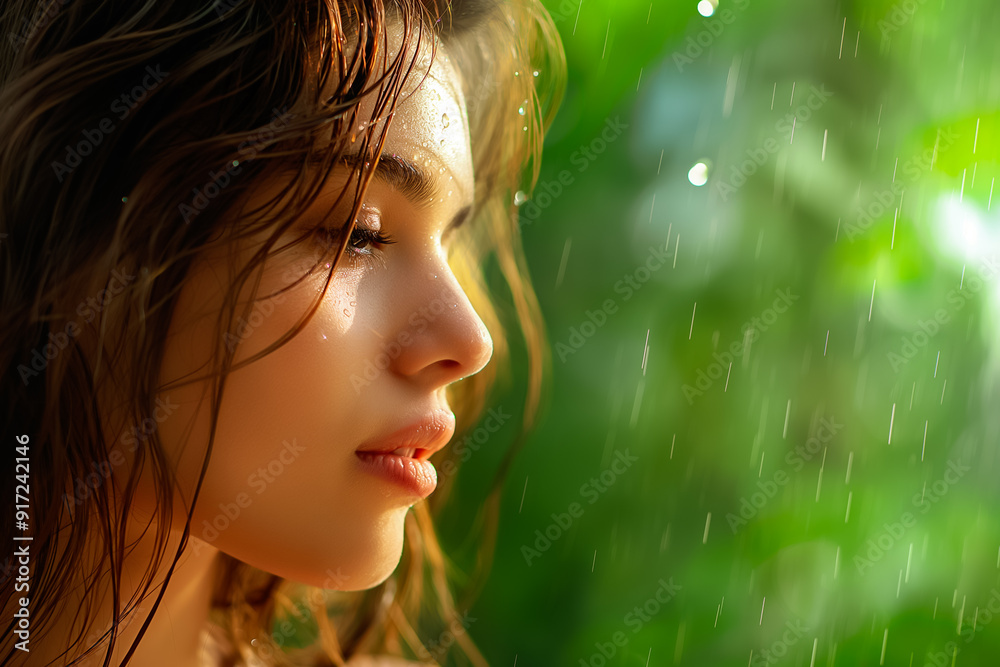 Young Woman Enjoying the Rain Surrounded by a Beautiful Natural Background Enhancing Her Peaceful Essence Young Woman Enjoying the Rain Surrounded by a Beautiful Natural Background Enhancing Her Peaceful Essence